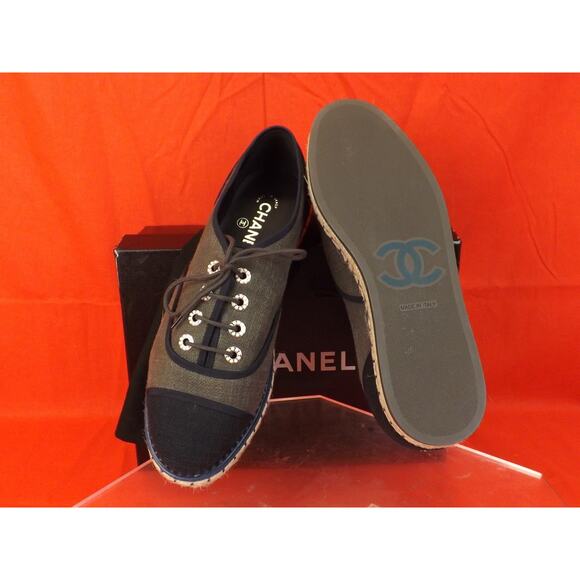 NIB CHANEL G31345 GREEN BLACK CANVAS PEARLS CC ESPADRILLE OXFORDS FLAT 40 - Picture 6 of 12